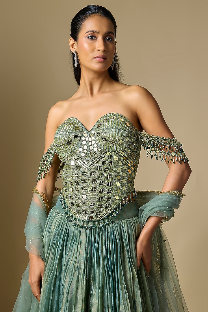 Green Tissue Mirror Embroidered Wedding Lehenga Set by ASAGA at Pernia's Pop Up Shop