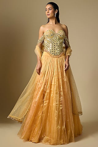 Peach Tissue Mirror Embroidered Lehenga Set by ASAGA
