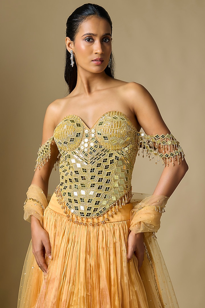Peach Tissue Mirror Embroidered Wedding Lehenga Set by ASAGA at Pernia's Pop Up Shop