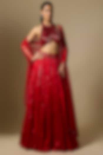 Red Tissue Mirror Embroidered Wedding Lehenga Set by ASAGA at Pernia's Pop Up Shop