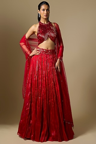 Red Tissue Mirror Embroidered Lehenga Set by ASAGA