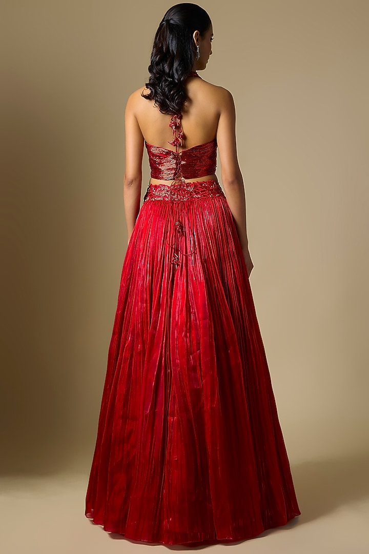 Red Tissue Mirror Embroidered Wedding Lehenga Set by ASAGA at Pernia's Pop Up Shop