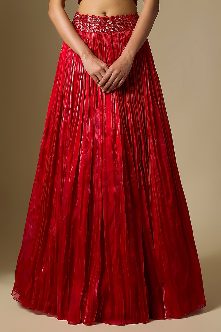 Red Tissue Mirror Embroidered Wedding Lehenga Set by ASAGA at Pernia's Pop Up Shop