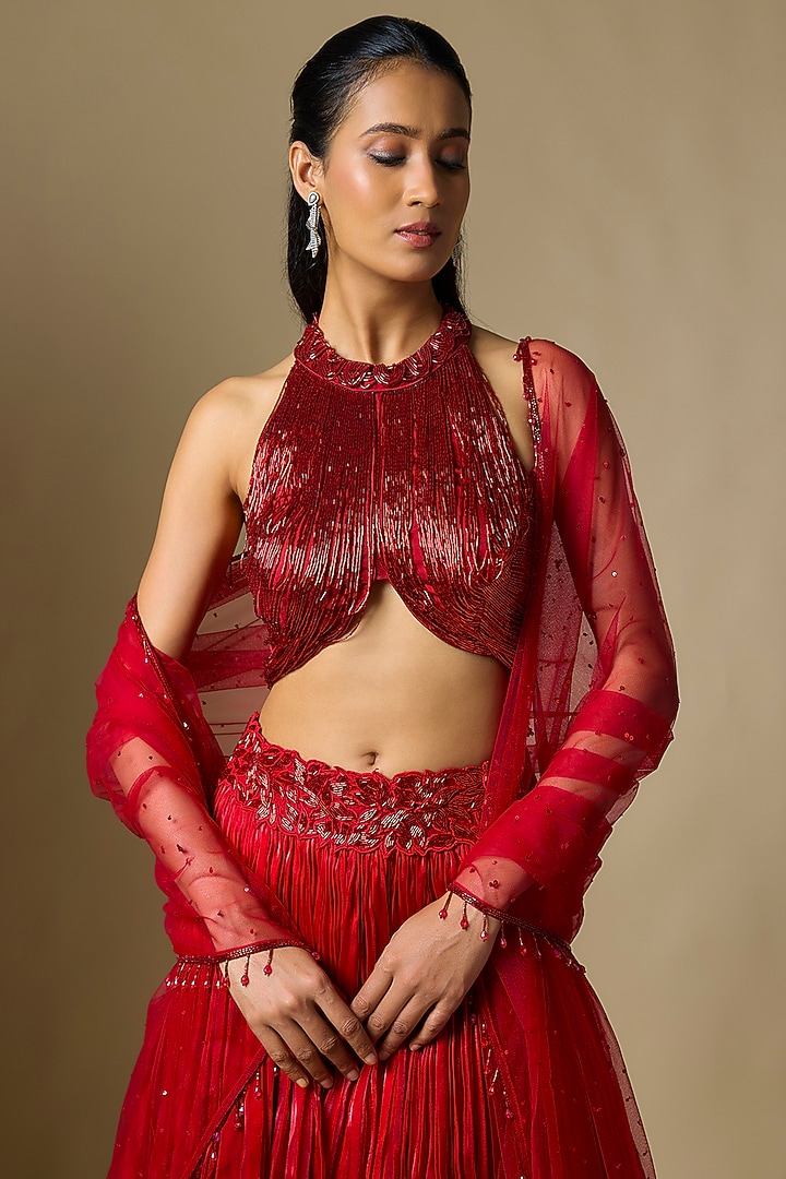 Red Tissue Mirror Embroidered Wedding Lehenga Set by ASAGA at Pernia's Pop Up Shop