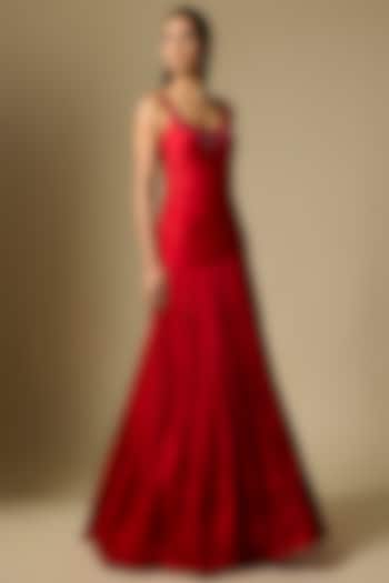 Red Satin Organza Pleated Engagement Gown by ASAGA at Pernia's Pop Up Shop