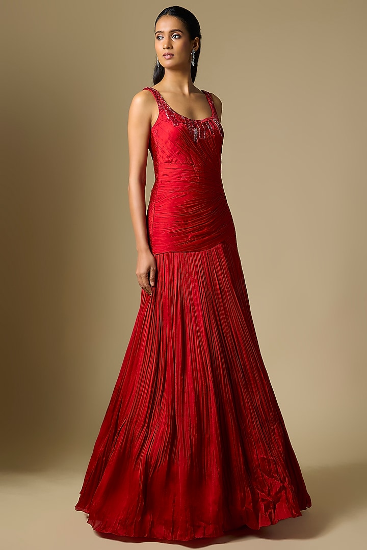 Red Satin Organza Pleated Engagement Gown by ASAGA at Pernia's Pop Up Shop