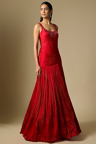 Red Satin Organza Pleated Gown by ASAGA