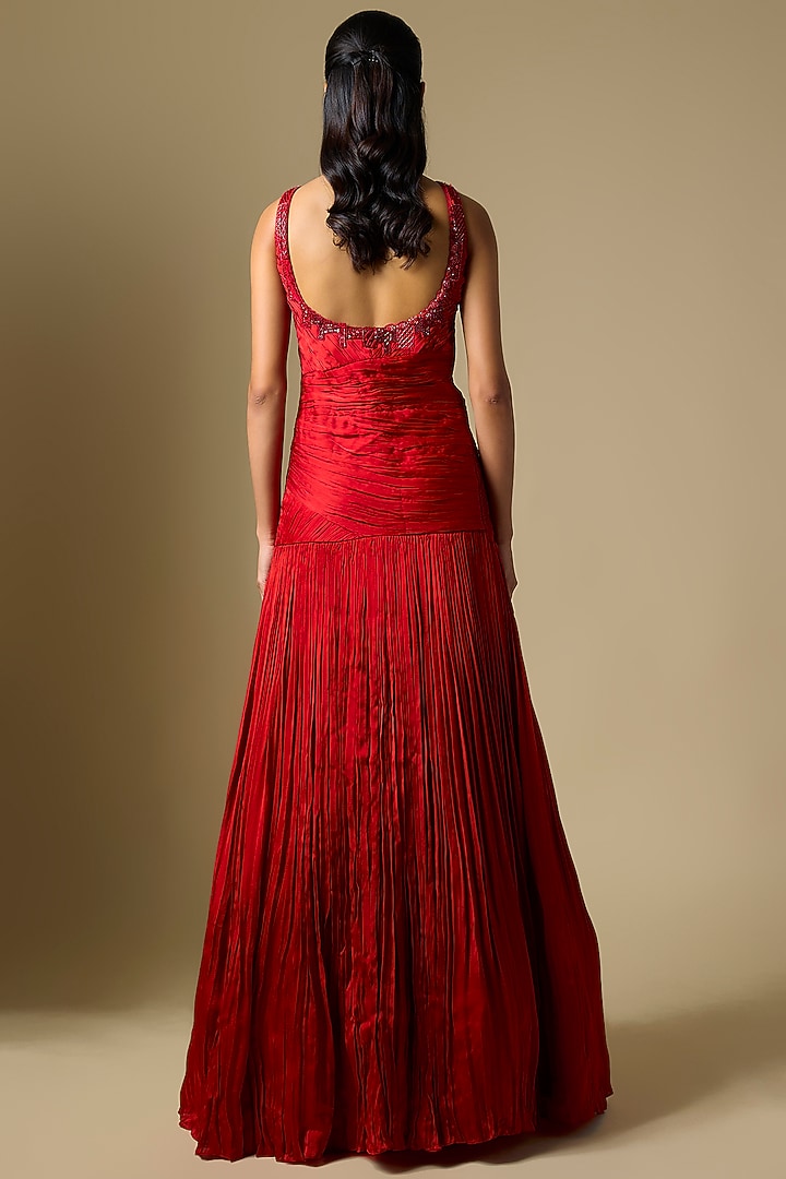 Red Satin Organza Pleated Engagement Gown by ASAGA at Pernia's Pop Up Shop