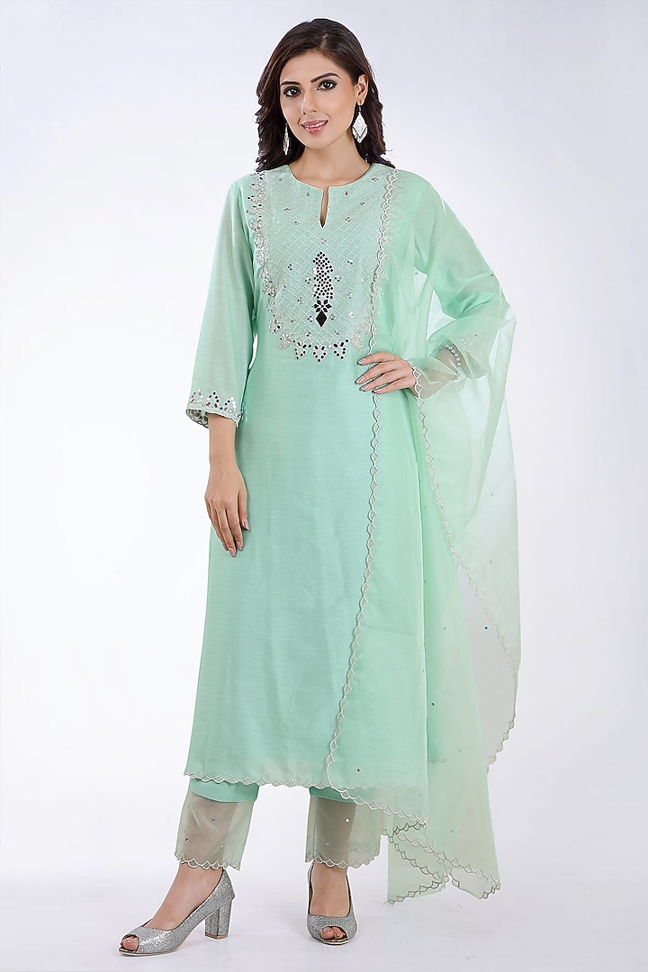 Mint Chanderi Embroidered Kurta Set by ASAGA at Pernia's Pop Up Shop