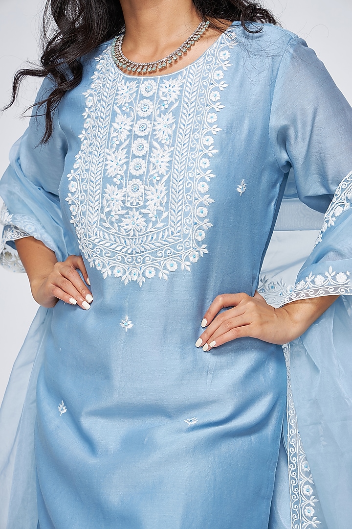 Baby Blue Chanderi Embroidered Kurta Set by ASAGA at Pernia's Pop Up Shop