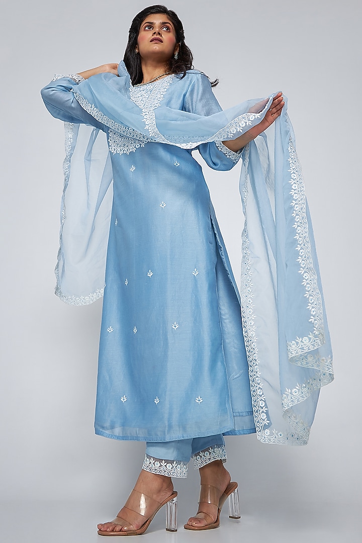 Baby Blue Chanderi Embroidered Kurta Set by ASAGA at Pernia's Pop Up Shop