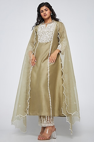 Clay Mud Chanderi Embroidered Kurta Set by ASAGA