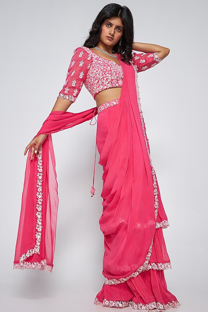 Candy Pink Georgette Pre-Draped Saree Set by ASAGA