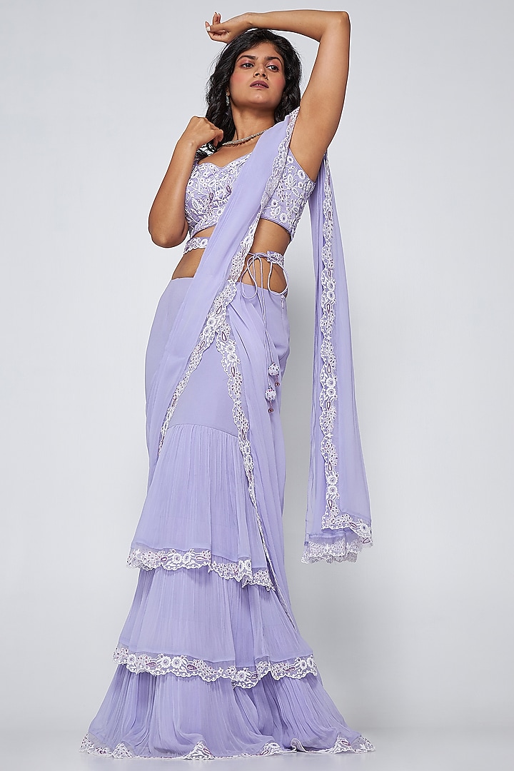 Lavender Georgette Pre-Draped Saree Set by ASAGA