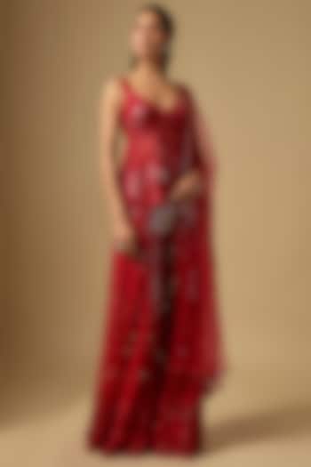 Red Tulle & Chinon Satin Mirror Embroidered Bridal Sharara Set by ASAGA at Pernia's Pop Up Shop