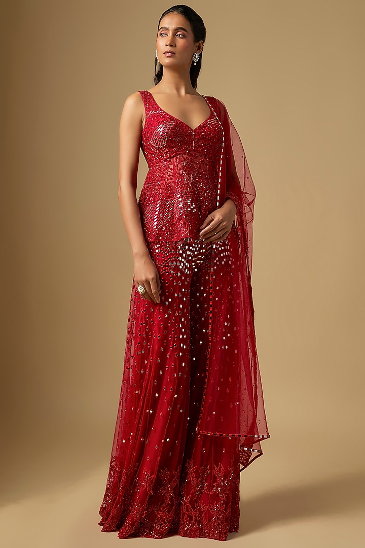 Red Tulle & Chinon Satin Mirror Embroidered Bridal Sharara Set by ASAGA at Pernia's Pop Up Shop