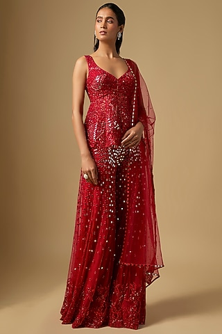 Red Tulle & Chinon Satin Mirror Embroidered Sharara Set by ASAGA
