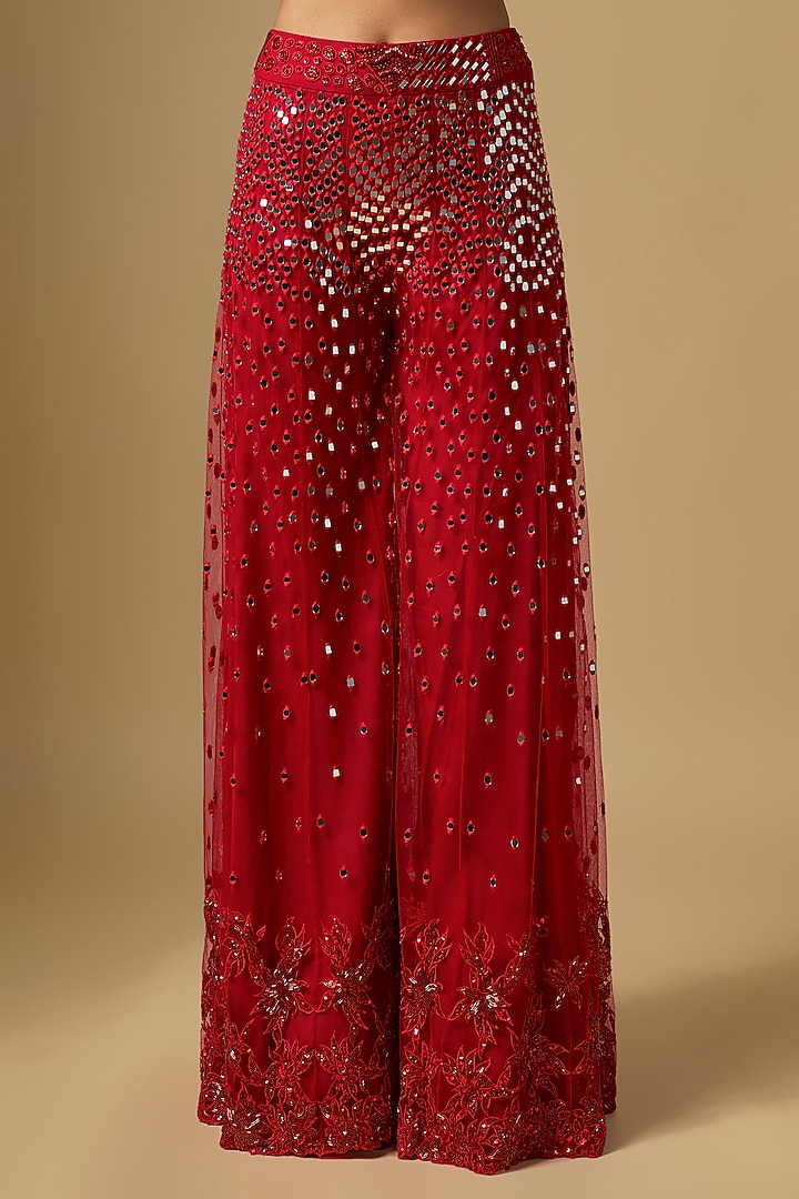 Red Tulle & Chinon Satin Mirror Embroidered Bridal Sharara Set by ASAGA at Pernia's Pop Up Shop