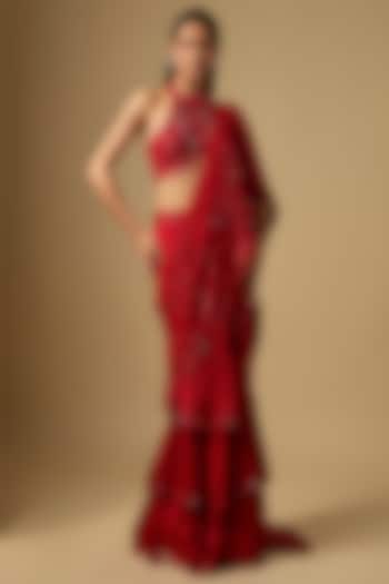 Red Tulle & Chinon Satin Embroidered Draped Reception Saree Set by ASAGA at Pernia's Pop Up Shop