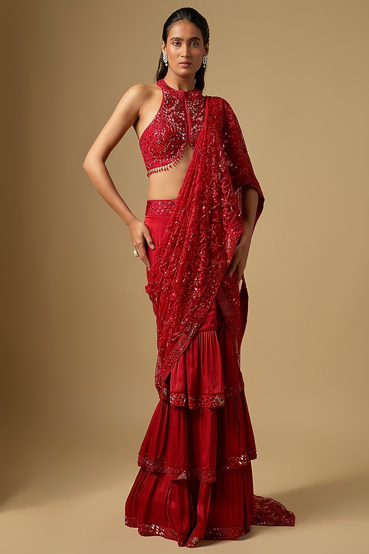 Red Tulle & Chinon Satin Embroidered Draped Reception Saree Set by ASAGA at Pernia's Pop Up Shop