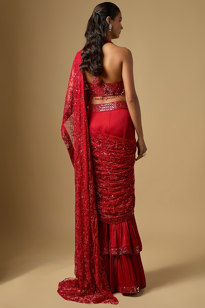 Red Tulle & Chinon Satin Embroidered Draped Reception Saree Set by ASAGA at Pernia's Pop Up Shop