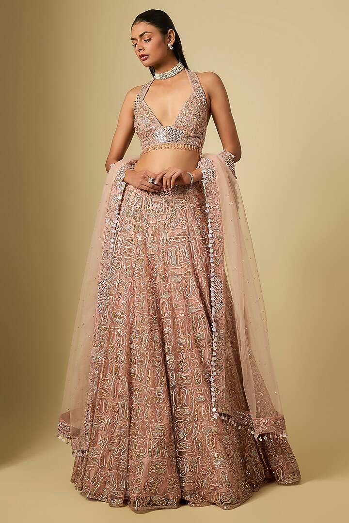 Rose Gold Satin & Chinon Hand Embroidered Bridal Lehenga Set by ASAGA at Pernia's Pop Up Shop