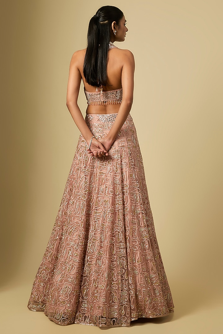 Rose Gold Satin & Chinon Hand Embroidered Bridal Lehenga Set by ASAGA at Pernia's Pop Up Shop