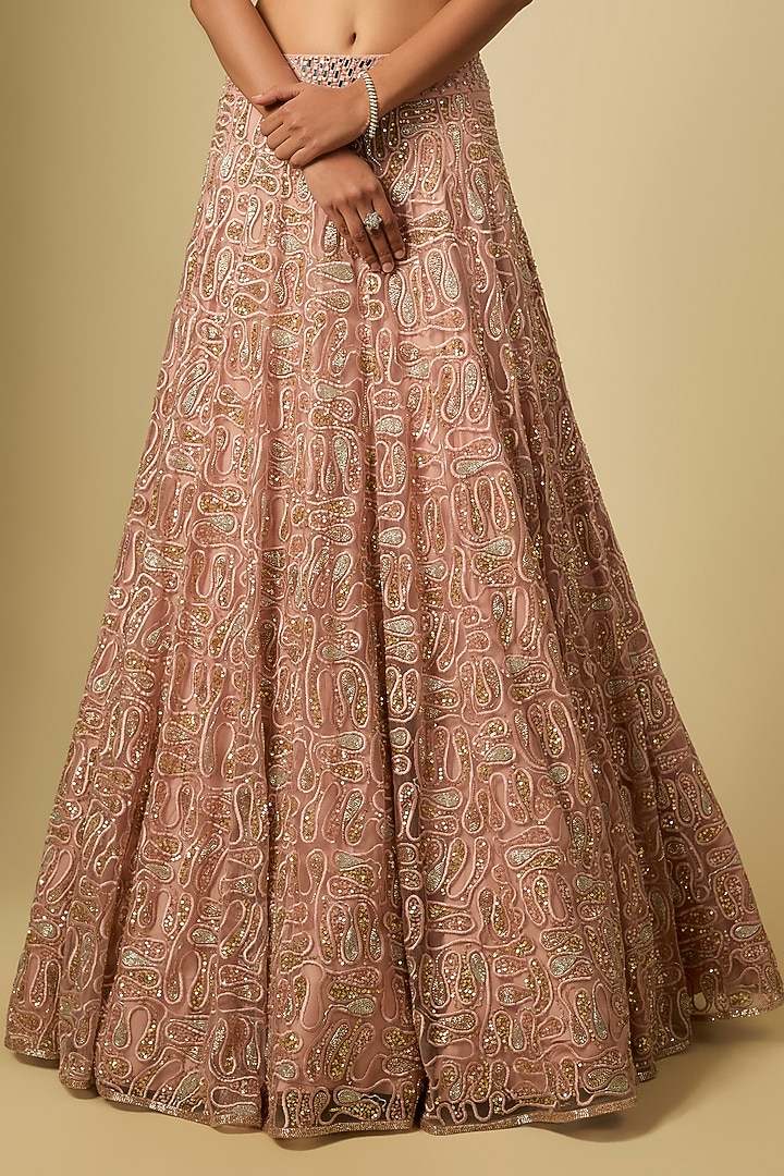 Rose Gold Satin & Chinon Hand Embroidered Bridal Lehenga Set by ASAGA at Pernia's Pop Up Shop