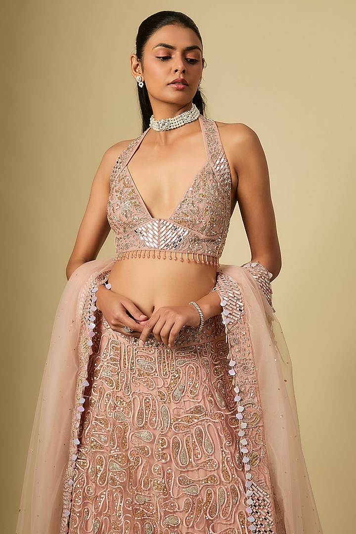 Rose Gold Satin & Chinon Hand Embroidered Bridal Lehenga Set by ASAGA at Pernia's Pop Up Shop
