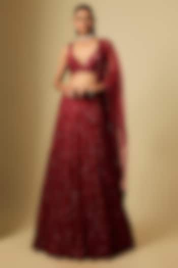 Red Satin & Chinon Hand Embroidered Bridal Lehenga Set by ASAGA at Pernia's Pop Up Shop