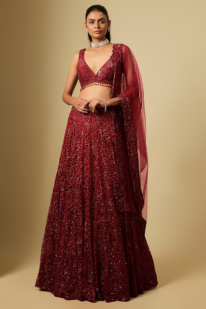 Red Satin & Chinon Hand Embroidered Bridal Lehenga Set by ASAGA at Pernia's Pop Up Shop