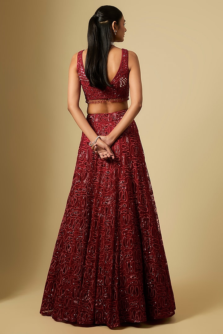 Red Satin & Chinon Hand Embroidered Bridal Lehenga Set by ASAGA at Pernia's Pop Up Shop