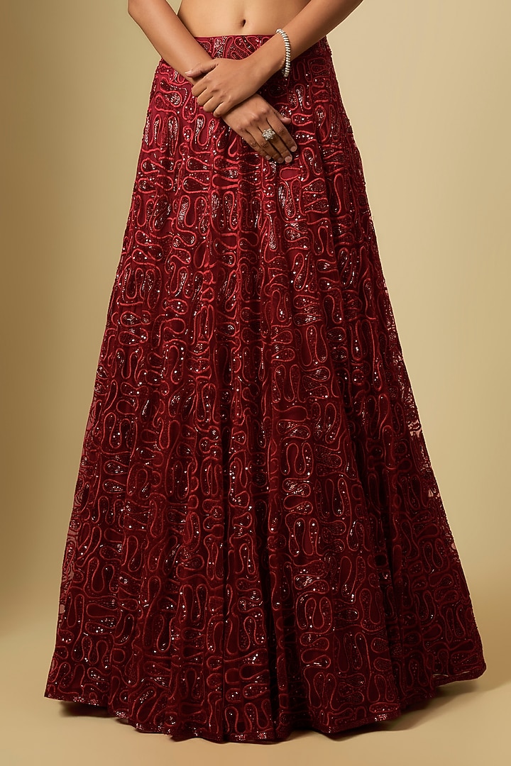 Red Satin & Chinon Hand Embroidered Bridal Lehenga Set by ASAGA at Pernia's Pop Up Shop