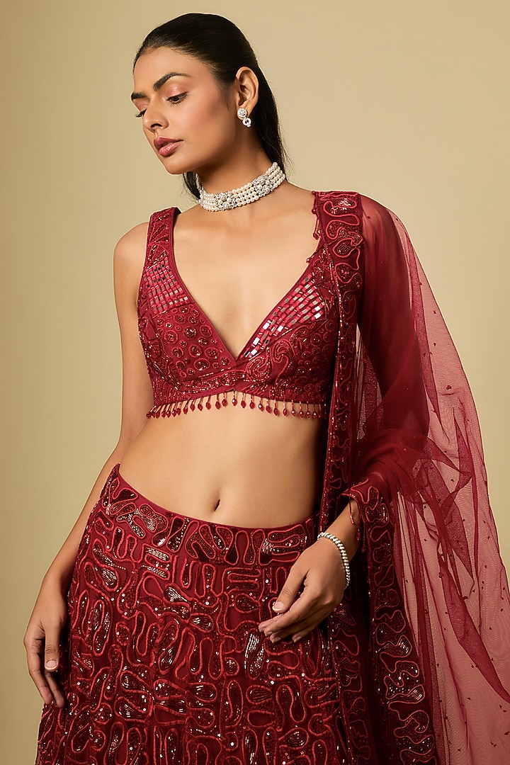 Red Satin & Chinon Hand Embroidered Bridal Lehenga Set by ASAGA at Pernia's Pop Up Shop