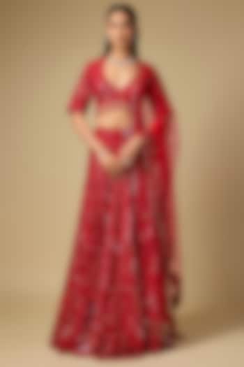 Red Tulle Hand embroidered Bridal Lehenga Set by ASAGA at Pernia's Pop Up Shop