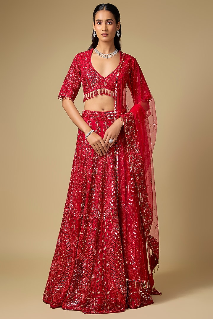 Red Tulle Hand embroidered Bridal Lehenga Set by ASAGA at Pernia's Pop Up Shop
