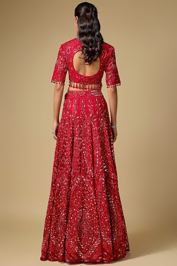 Red Tulle Hand embroidered Bridal Lehenga Set by ASAGA at Pernia's Pop Up Shop
