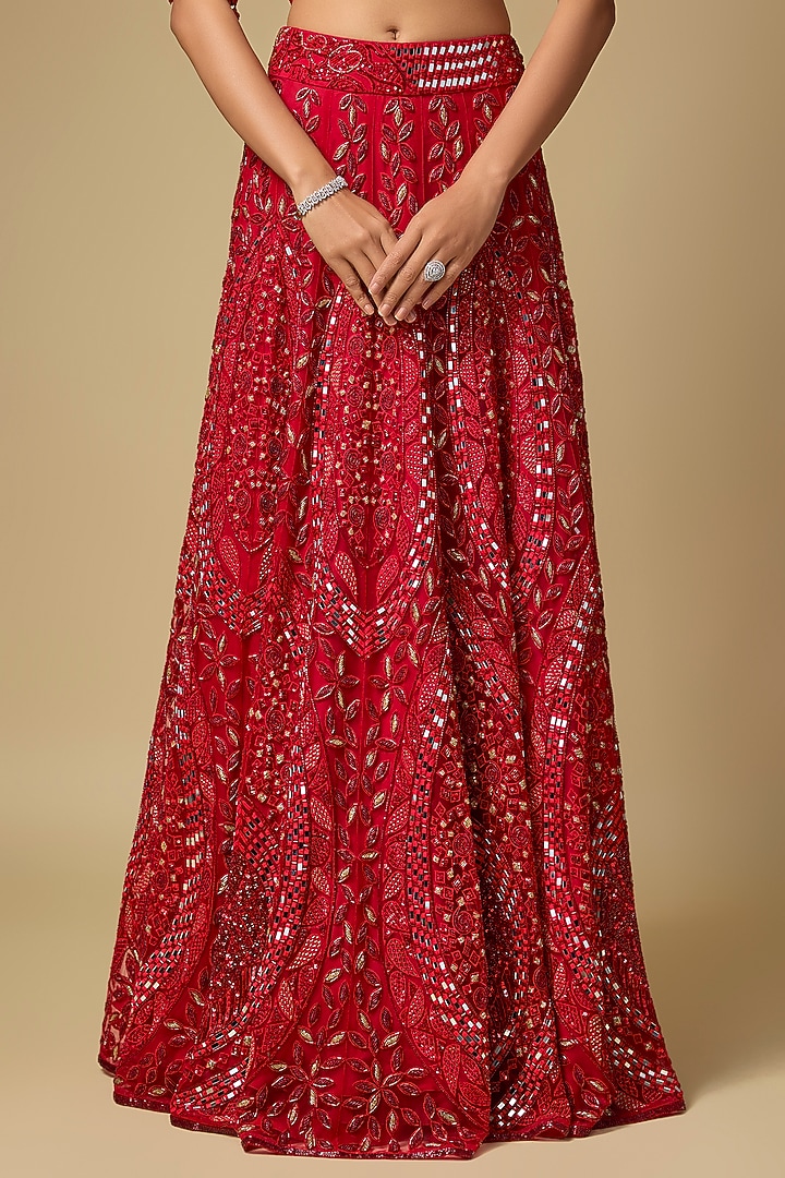 Red Tulle Hand embroidered Bridal Lehenga Set by ASAGA at Pernia's Pop Up Shop