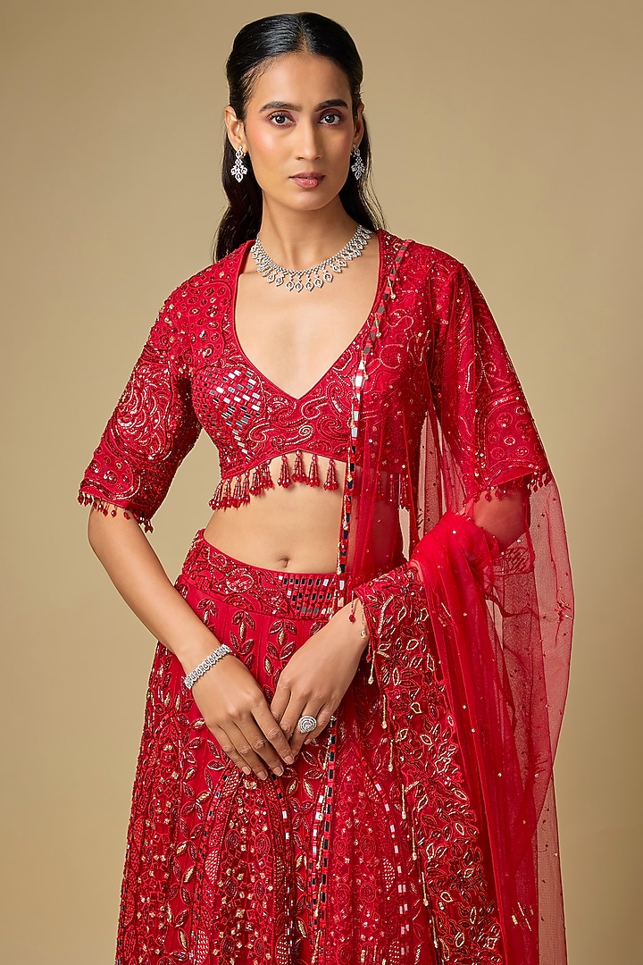 Red Tulle Hand embroidered Bridal Lehenga Set by ASAGA at Pernia's Pop Up Shop