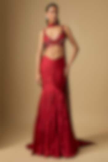 Red Satin Tulle Skirt Set by ASAGA at Pernia's Pop Up Shop