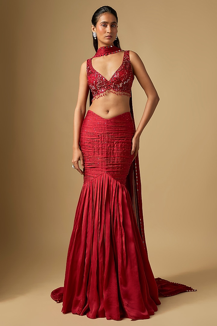 Red Satin Tulle Skirt Set by ASAGA at Pernia's Pop Up Shop