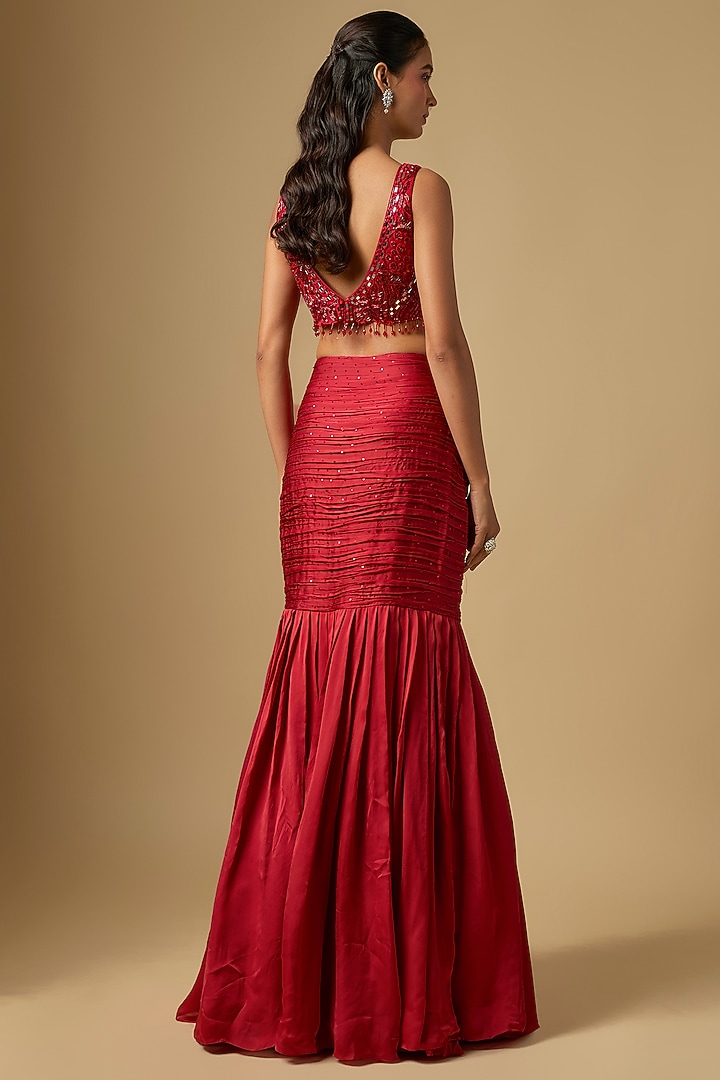Red Satin Tulle Skirt Set by ASAGA at Pernia's Pop Up Shop