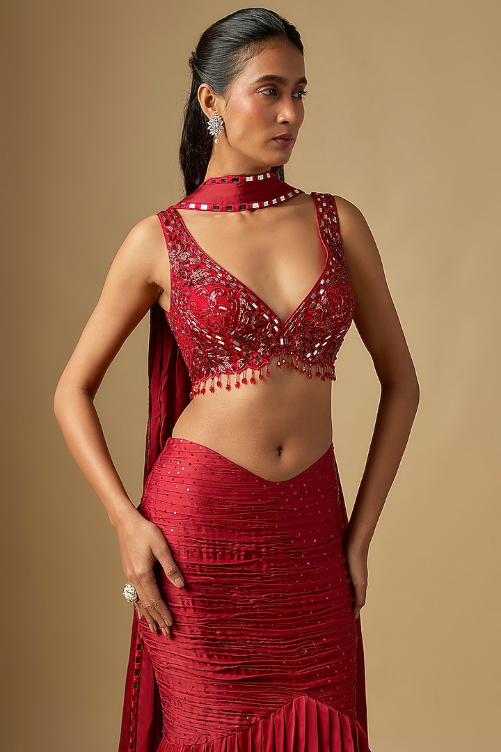Red Satin Tulle Skirt Set by ASAGA at Pernia's Pop Up Shop