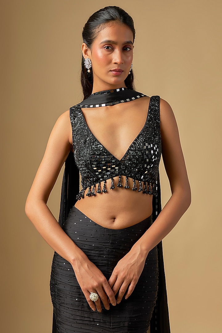 Black Satin Tulle Skirt Set by ASAGA at Pernia's Pop Up Shop