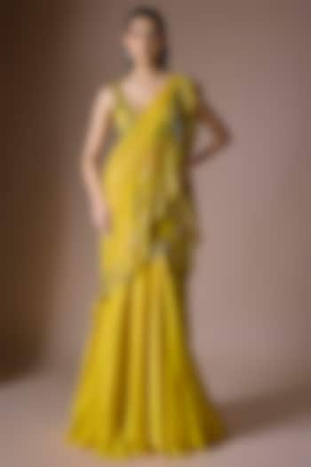 Yellow Satin Tulle Handwork Draped Reception Saree Set by ASAGA at Pernia's Pop Up Shop