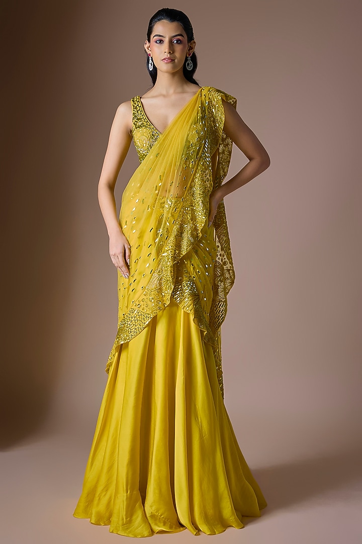 Yellow Satin Tulle Handwork Draped Reception Saree Set by ASAGA at Pernia's Pop Up Shop