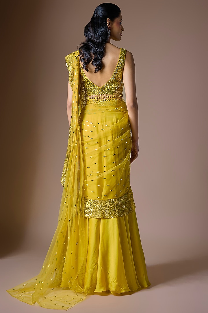 Yellow Satin Tulle Handwork Draped Reception Saree Set by ASAGA at Pernia's Pop Up Shop