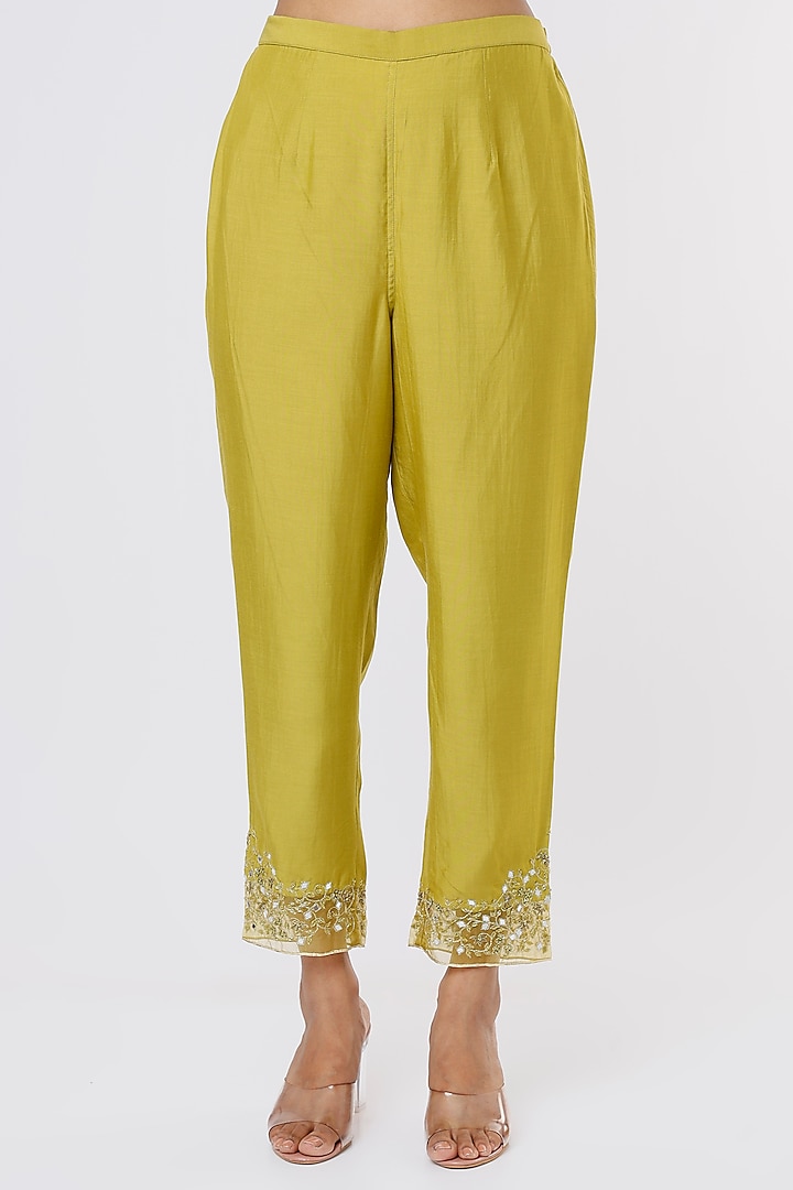Olive Green Chanderi Embroidered Kurta Set by ASAGA at Pernia's Pop Up Shop