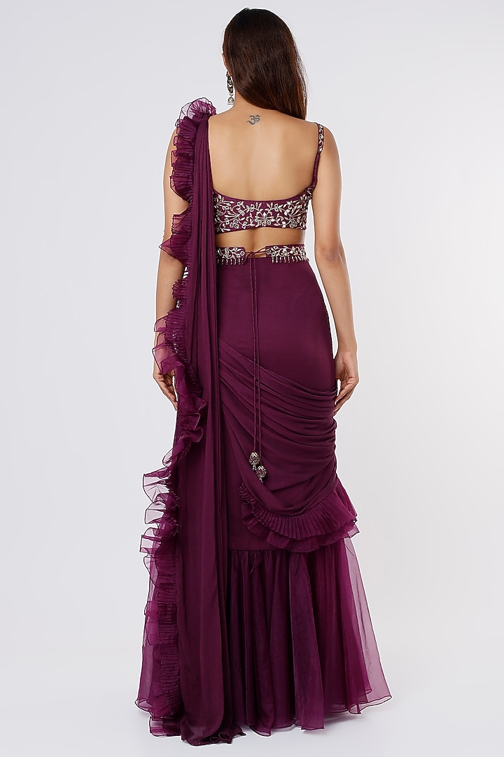Purple Organza & Chiffon Pre-Draped Wedding Saree Set by ASAGA at Pernia's Pop Up Shop