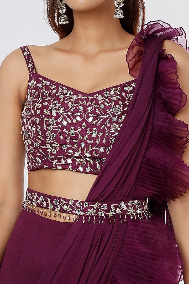 Purple Organza & Chiffon Pre-Draped Wedding Saree Set by ASAGA at Pernia's Pop Up Shop